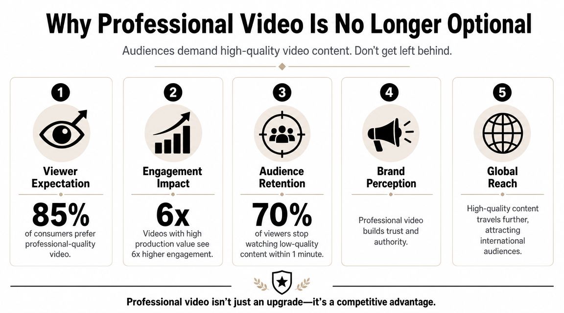 An infographic titled Why Professional Video Is No Longer Optional highlighting five key benefits of high-quality video content.