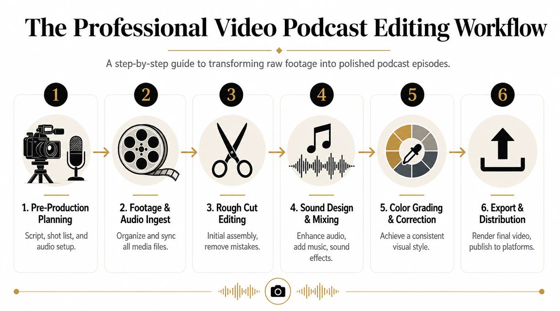 A six-step infographic illustrating the professional video podcast editing workflow from pre-production planning to final distribution.