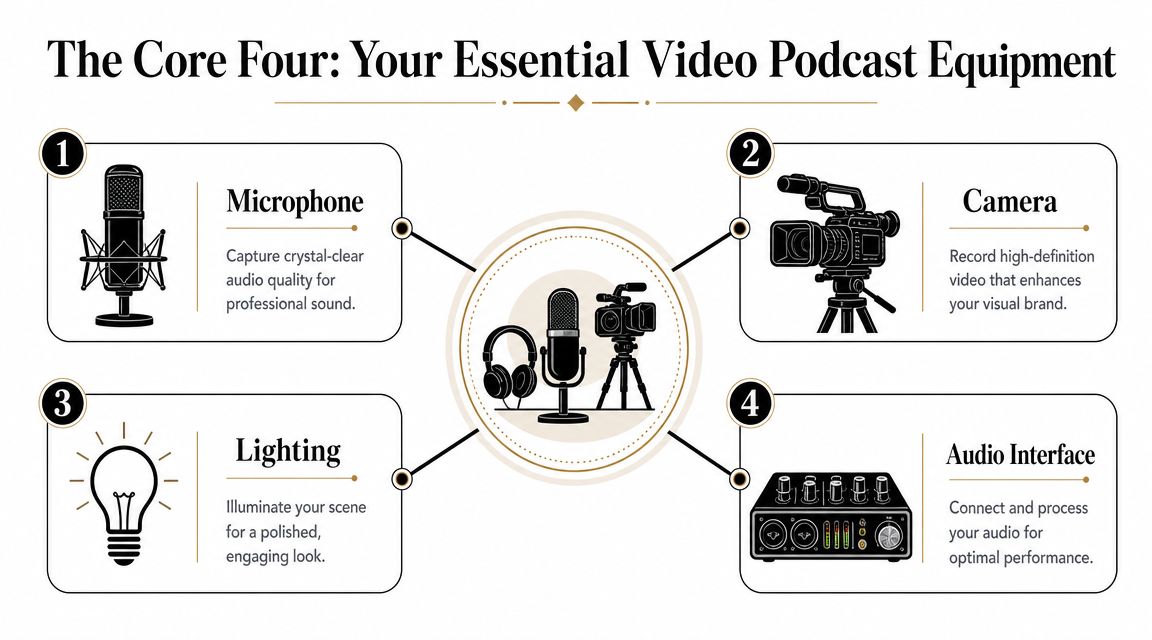An infographic titled The Core Four showing essential video podcast equipment including microphone, camera, lighting, and interface.