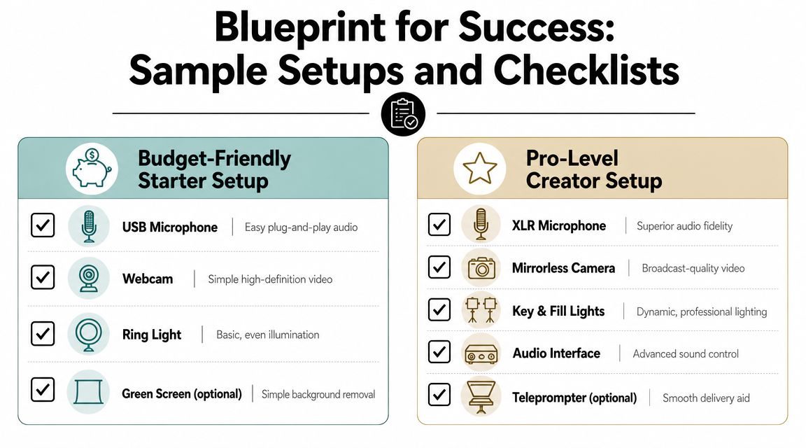 An infographic comparing a budget-friendly starter setup and a professional-level creator setup for video recording.