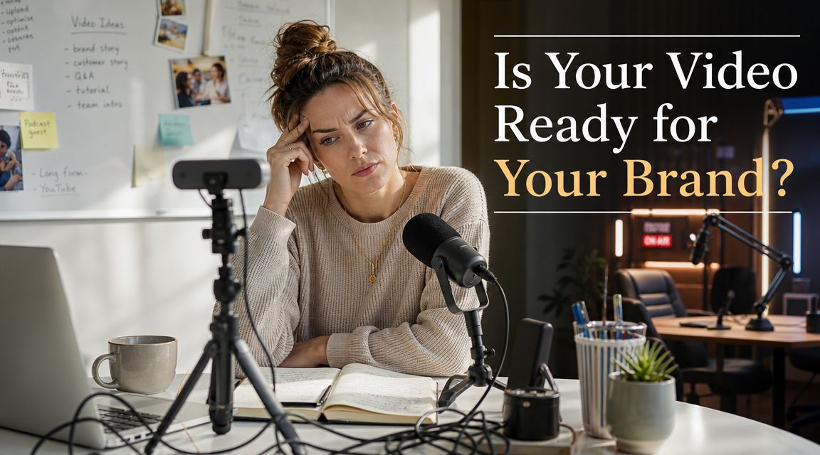 A woman looks concerned while preparing her video podcast equipment for a professional brand content session.
