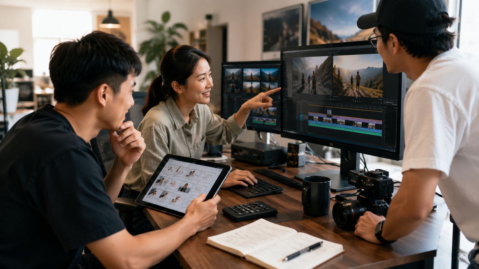 A diverse creative team collaborating on video production in a modern office with computers and camera gear.