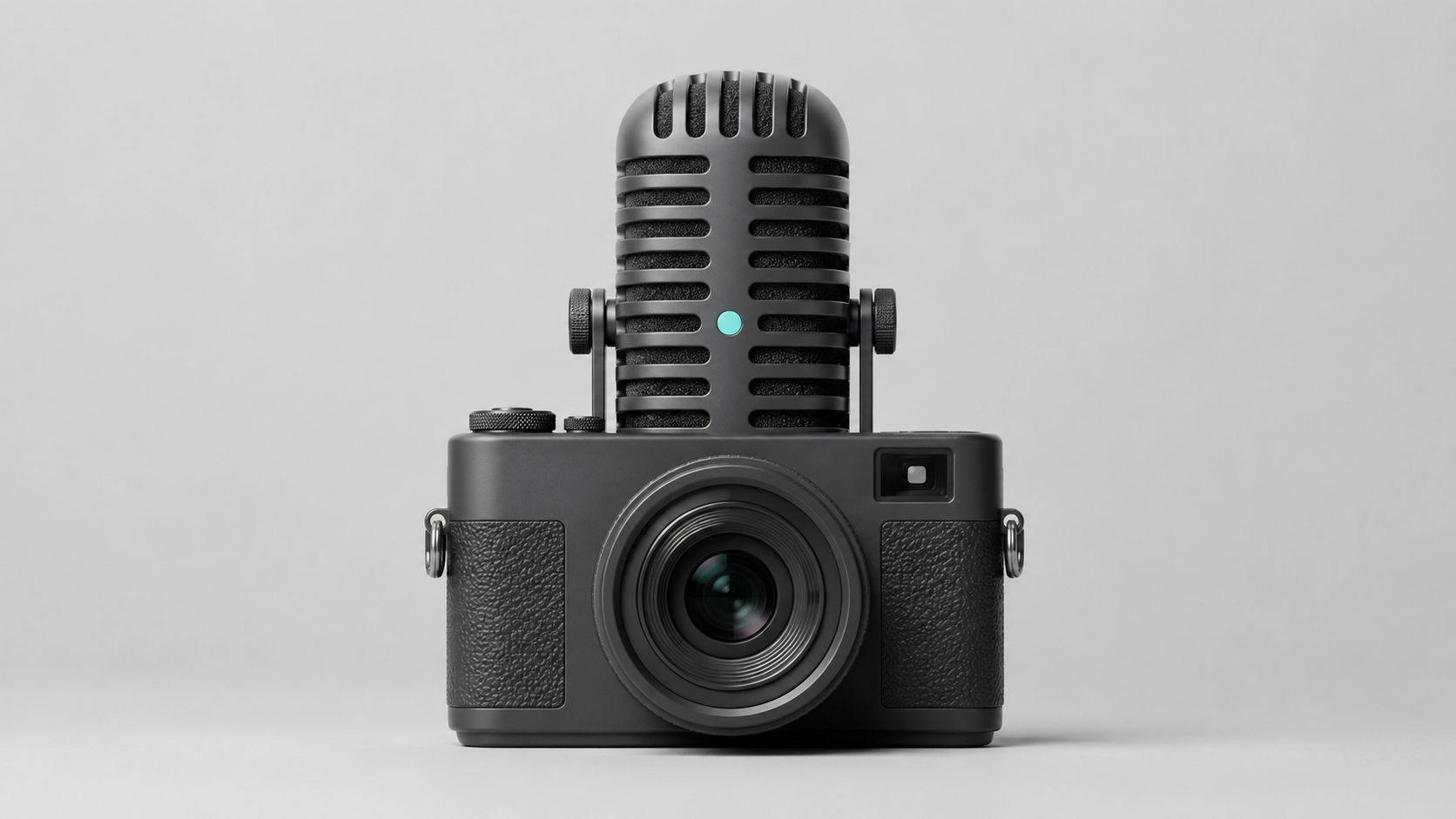 A modern black camera with a professional studio microphone mounted on top against a gray background.