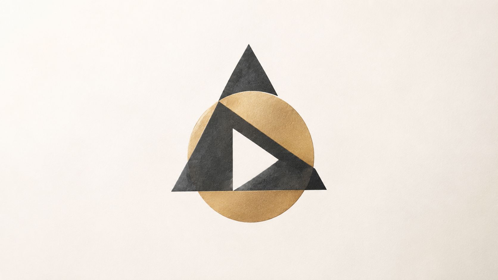 A minimalist logo featuring a dark grey triangle overlaid on a gold circle on a cream background.