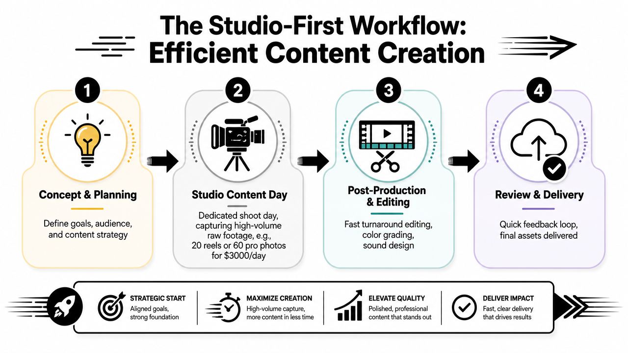 A four-step infographic illustrating the efficient Studio-First workflow process for professional video production services.