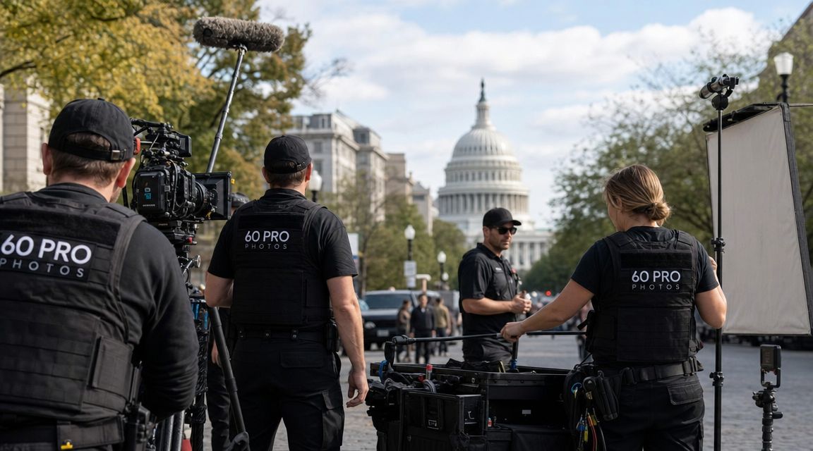 A professional 60 Pro Photos film crew working on a video production set near the US Capitol building.