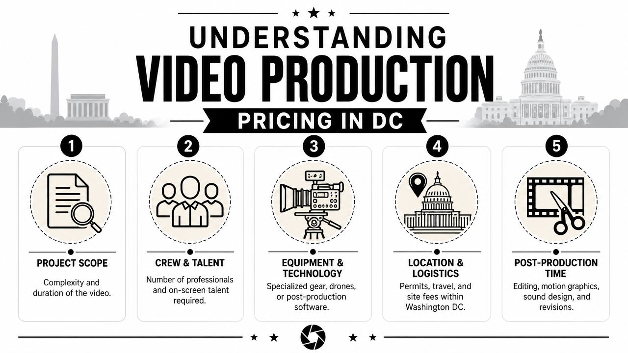 An infographic titled Understanding Video Production Pricing in DC, outlining five key cost factors for video projects.