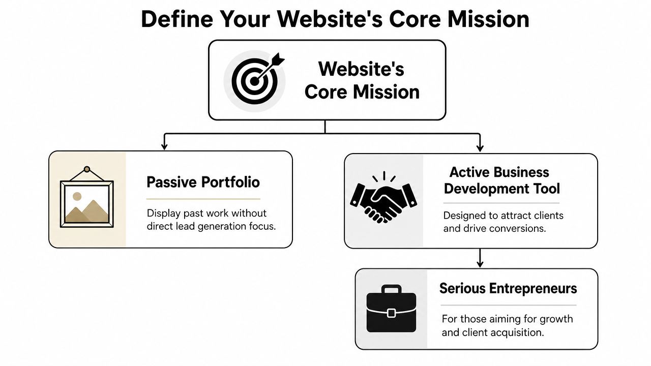 A flowchart showing website core mission options between a passive portfolio and an active business development tool.