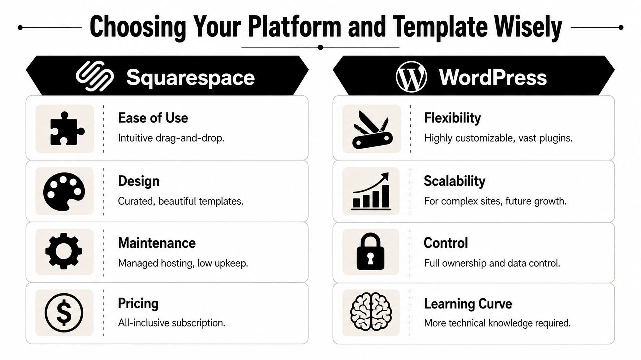 A comparison chart showing the key benefits and features of using Squarespace versus WordPress for website building.