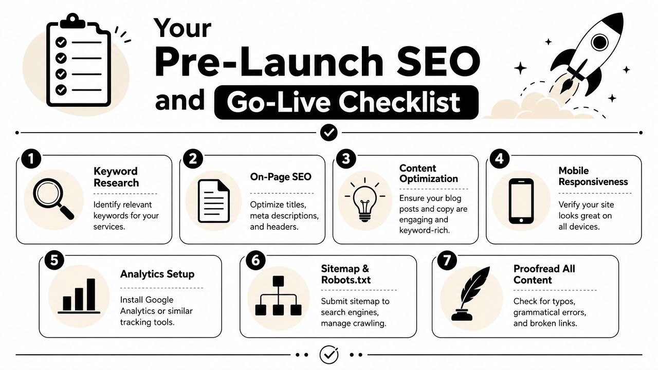 An infographic titled Your Pre-Launch SEO and Go-Live Checklist displaying seven essential steps for website optimization.