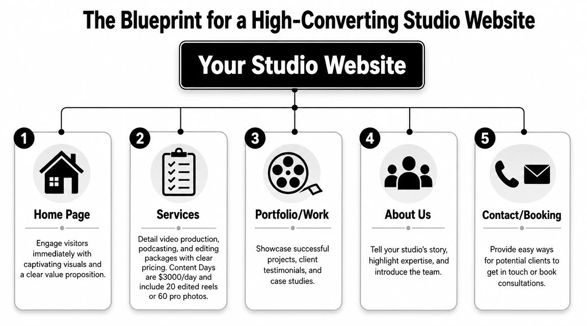 A diagram outlining the five essential sections for a high-converting video production studio website.