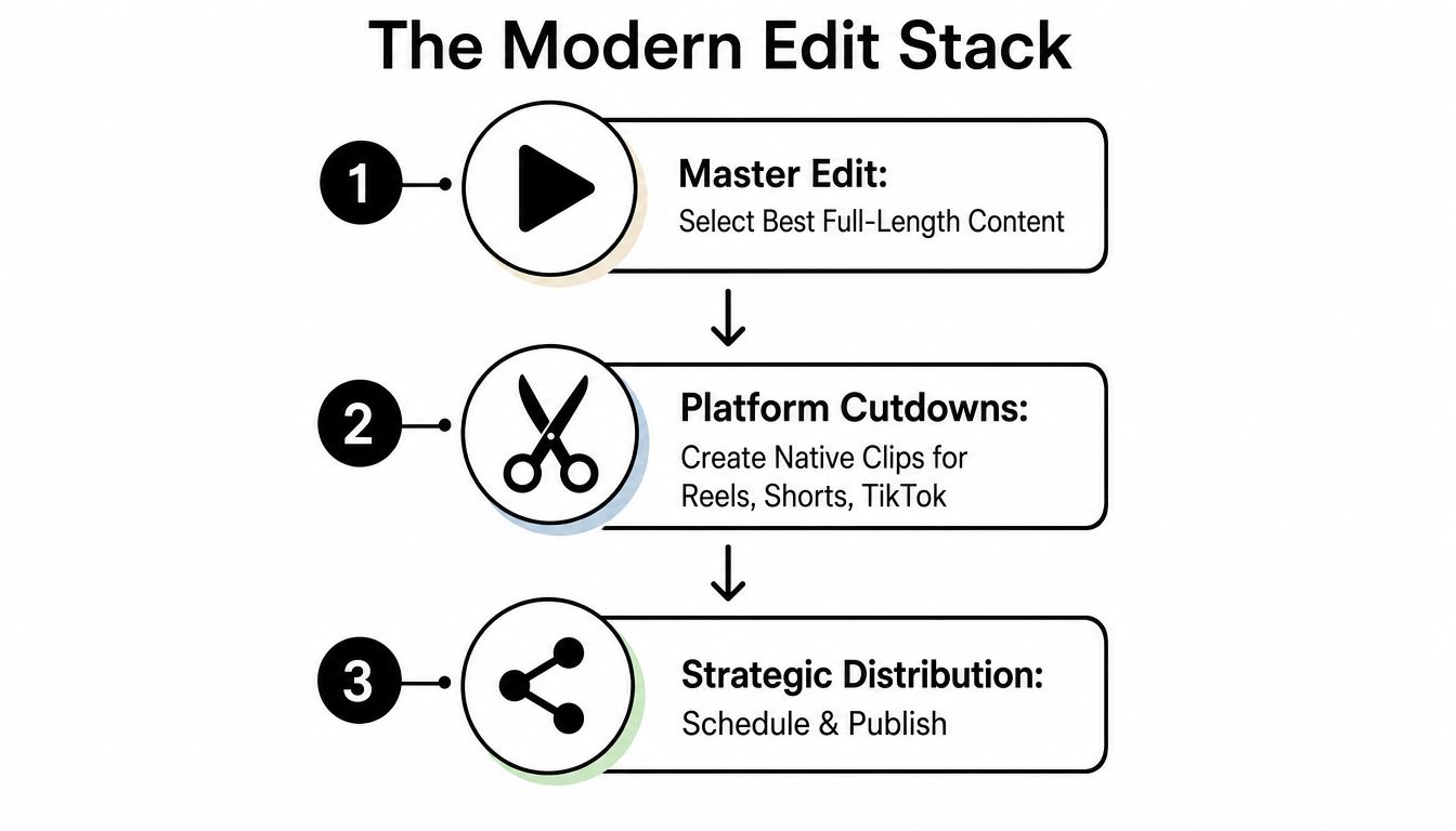 A diagram titled The Modern Edit Stack illustrating the three-step workflow of content editing and distribution.