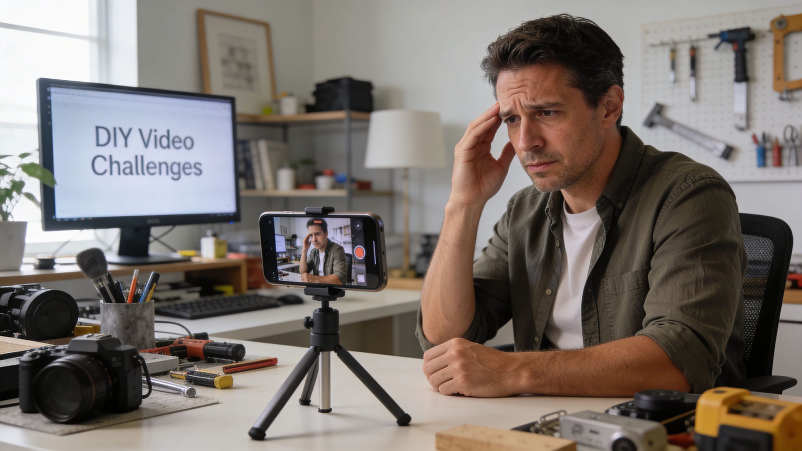 A frustrated content creator sitting at a desk with cameras, recording a video for DIY video challenges.