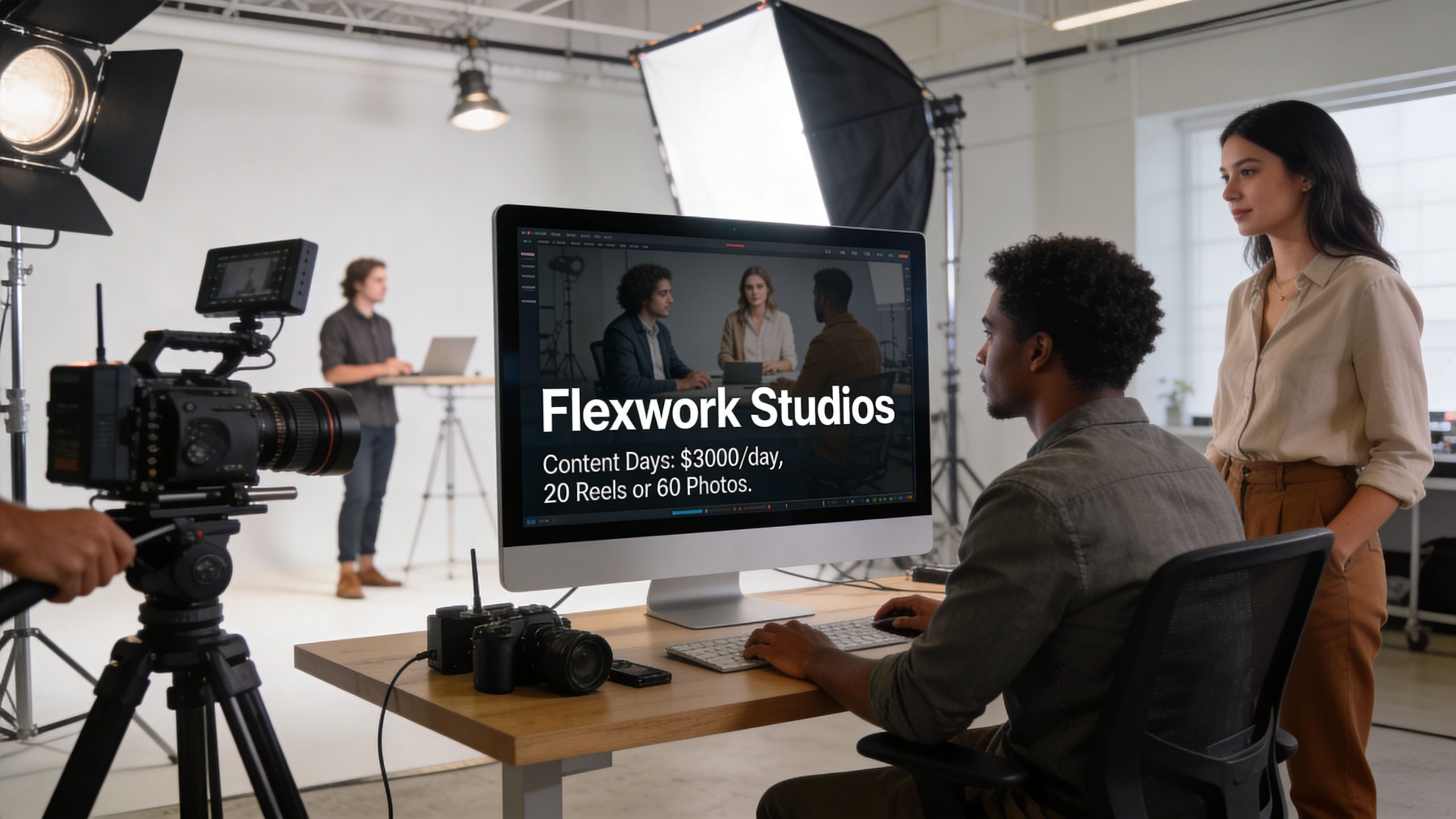 A professional video production studio with an editor working on a computer and a director observing.