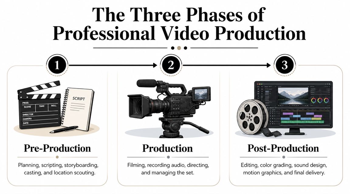 A diagram illustrating the three phases of professional video production: Pre-Production, Production, and Post-Production.