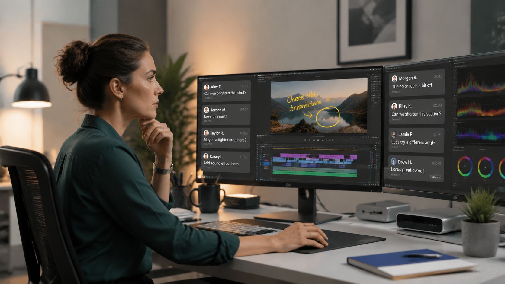 A woman working on video production, reviewing editing feedback on dual computer monitors in a home office.