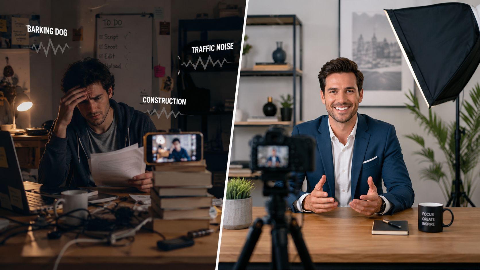 A split screen comparing a stressed creator in a messy room with a confident professional filming content.
