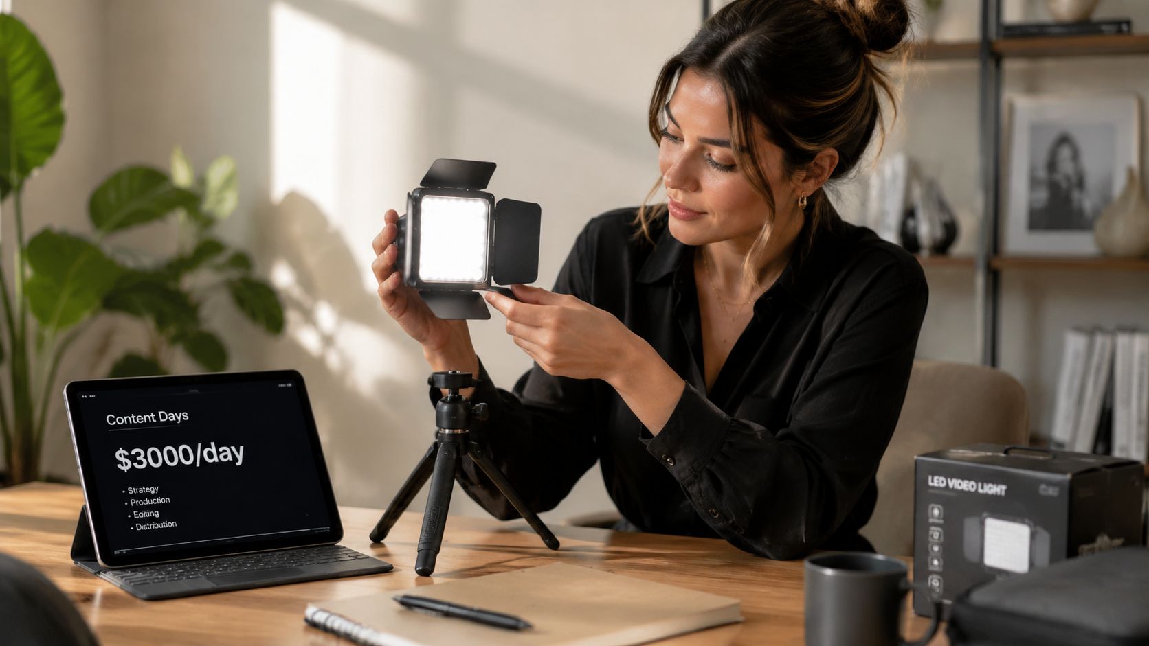 A professional woman setting up a portable LED video light on a small tripod for content creation.