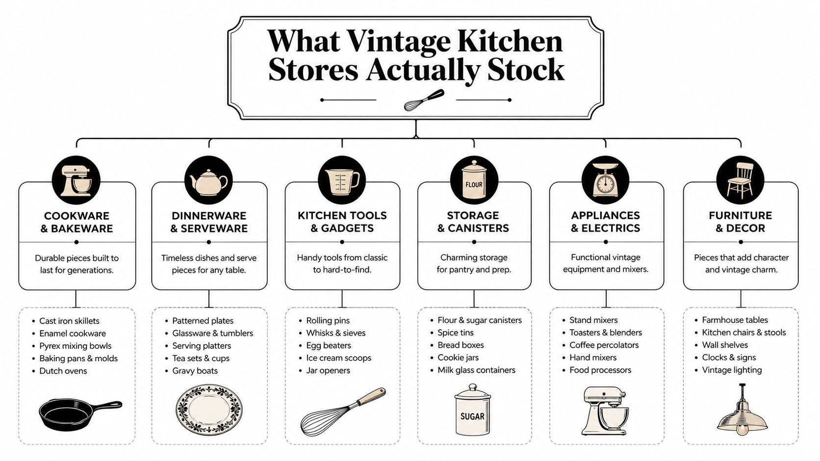 An infographic titled What Vintage Kitchen Stores Actually Stock detailing categories like cookware, dinnerware, and furniture.