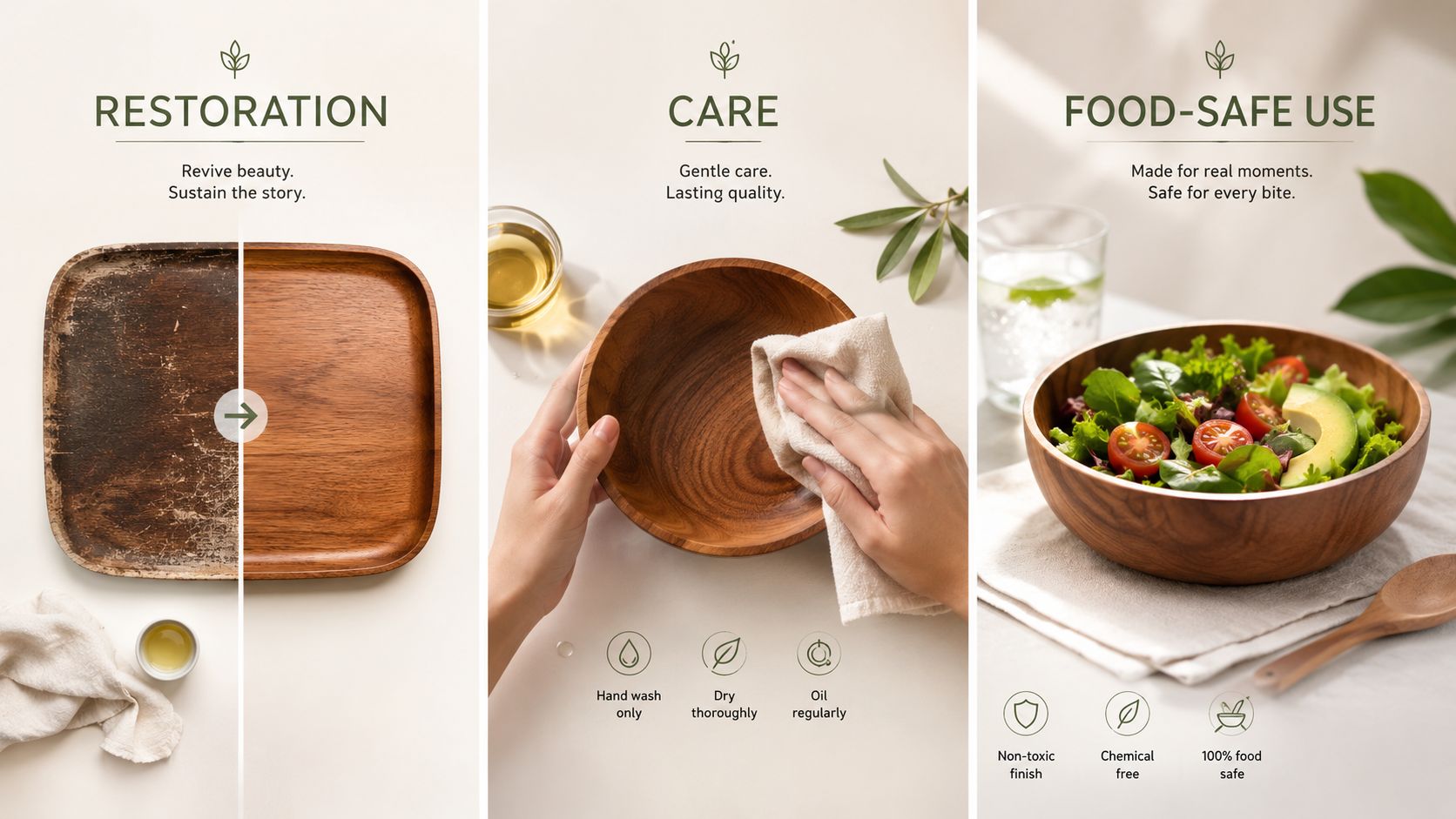 A triptych showing wooden kitchenware restoration, proper maintenance care tips, and food-safe usage for salads.