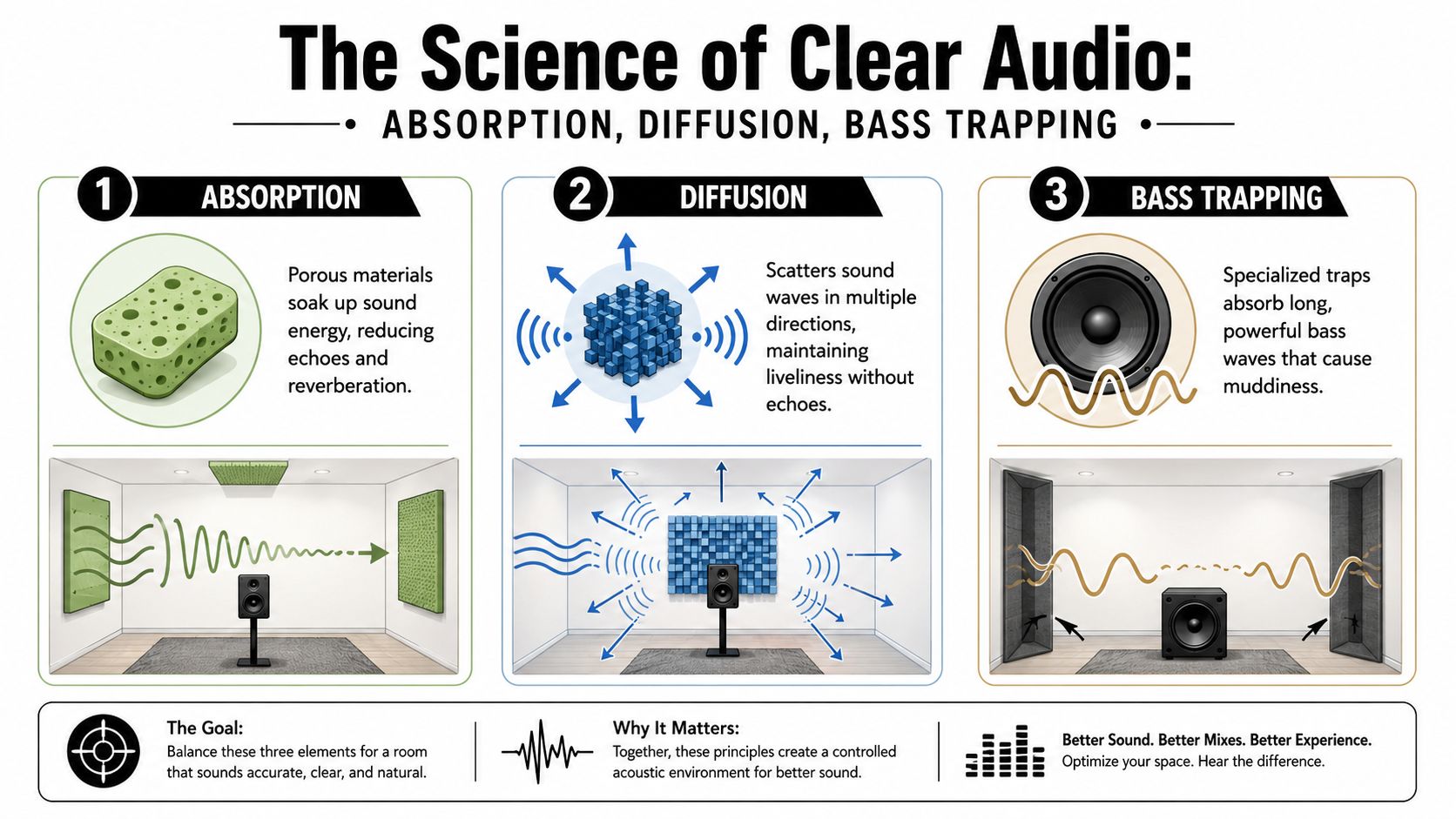 An infographic explaining acoustic treatment techniques including sound absorption, diffusion, and bass trapping for better audio quality.