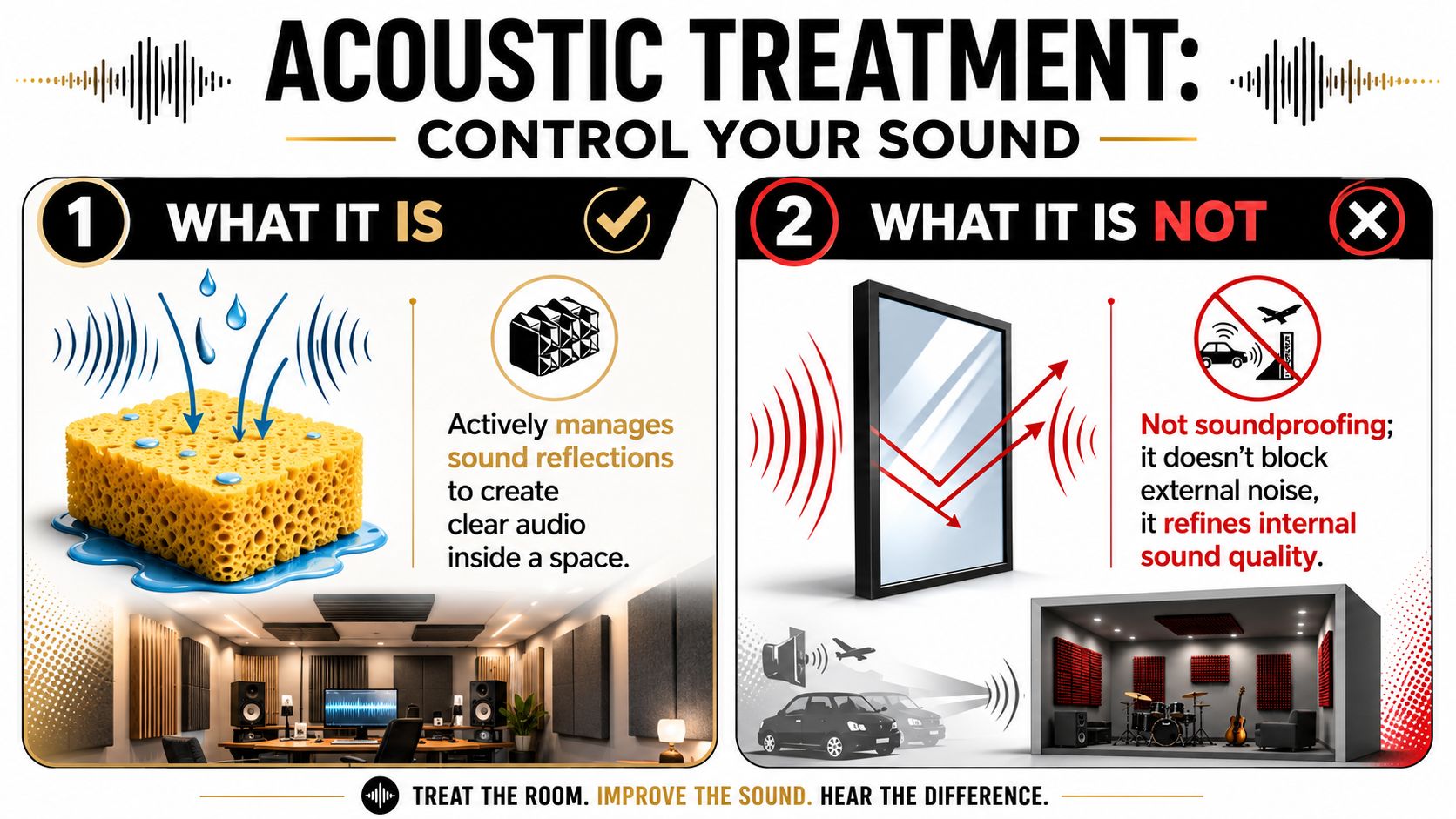 An infographic explaining acoustic treatment, contrasting its role in managing internal sound reflections versus soundproofing.