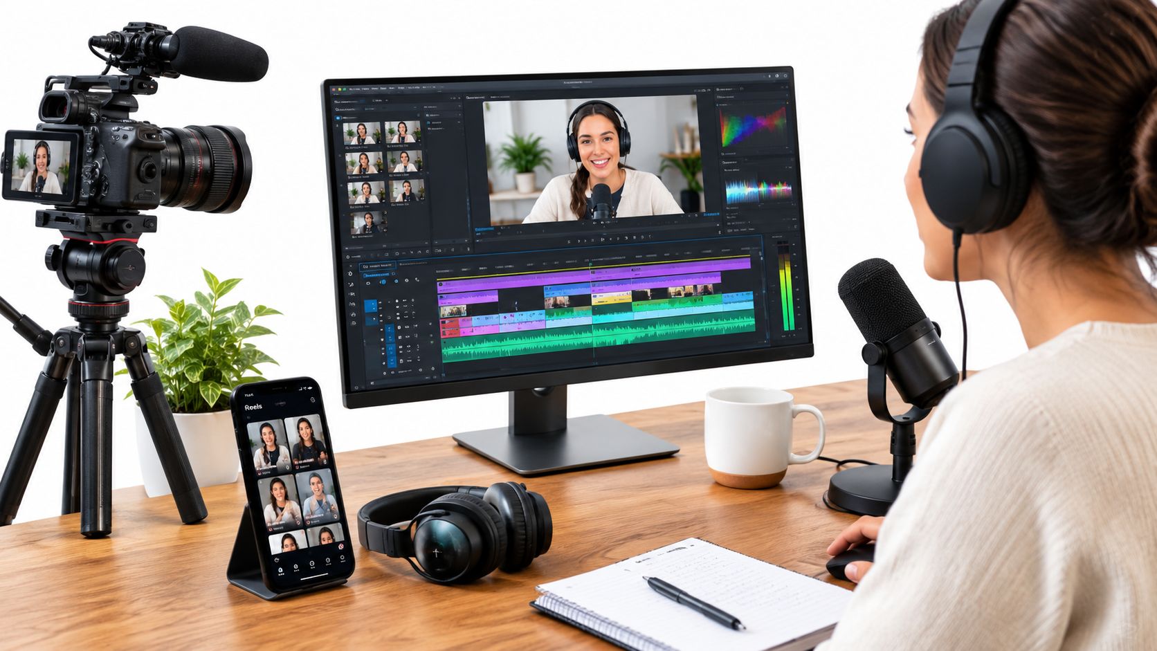 A creator sitting at a desk with equipment editing a podcast video on a computer monitor.