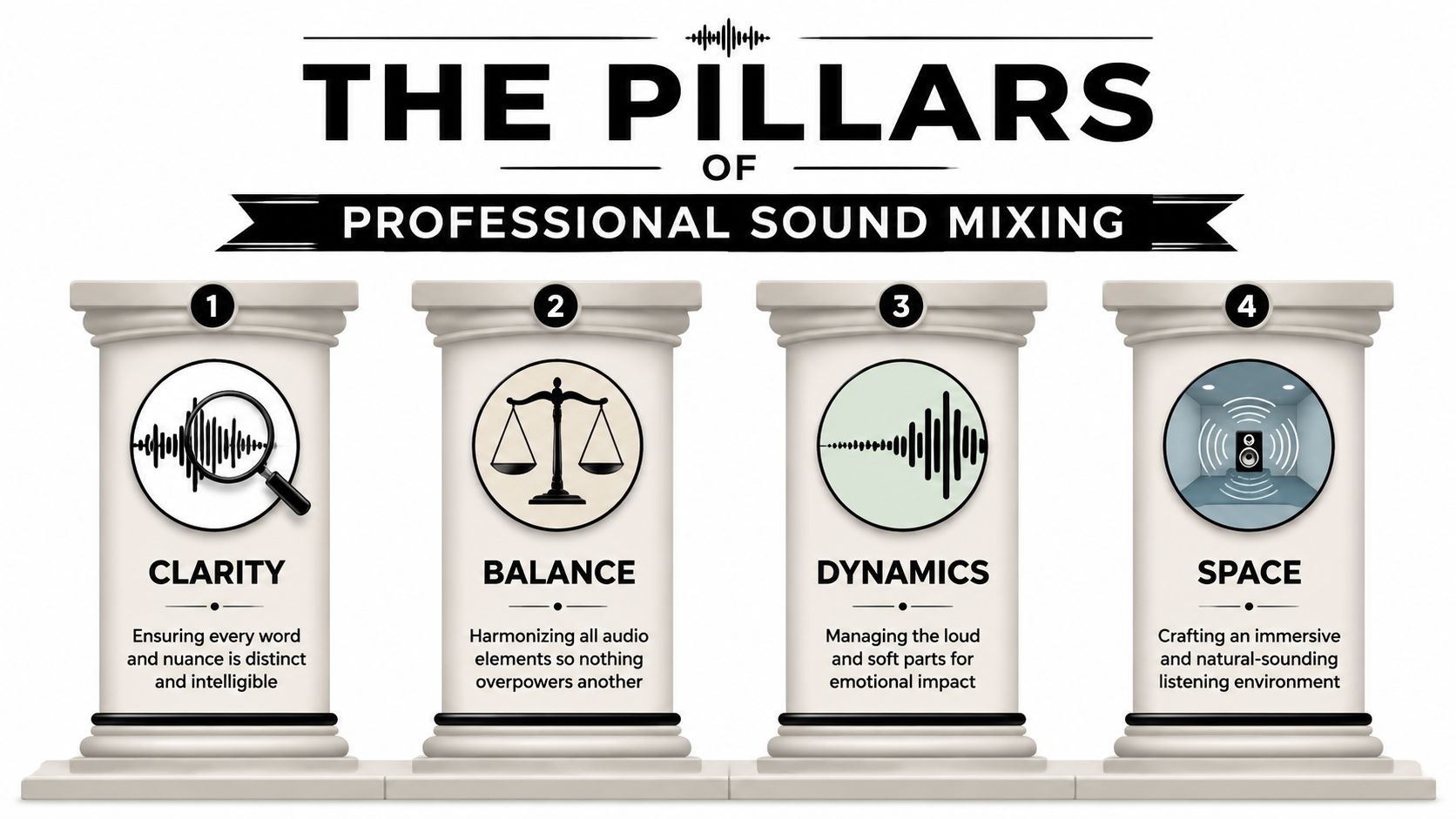 An infographic showing the four essential pillars of professional sound mixing: clarity, balance, dynamics, and space.